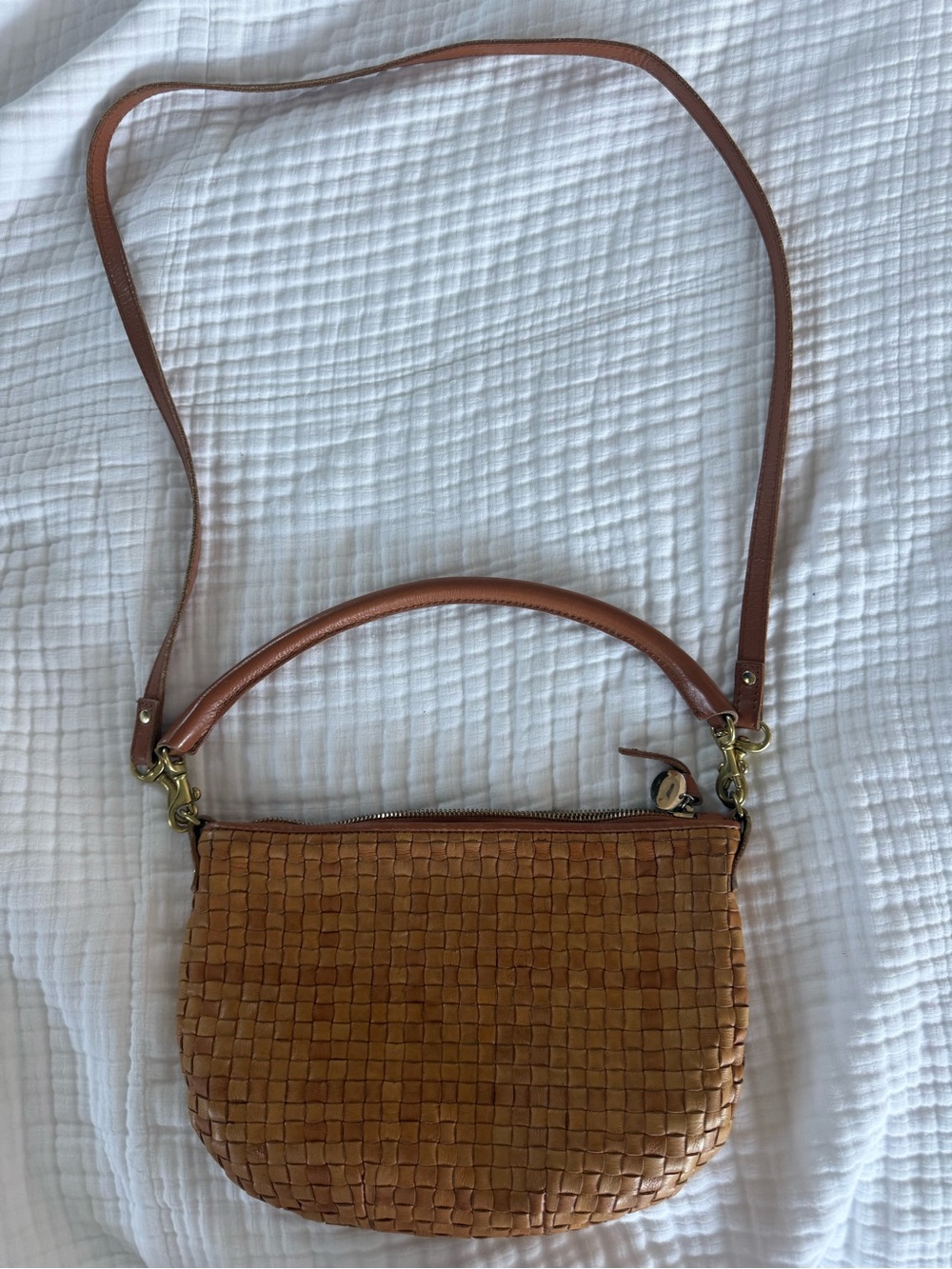 Clare V Woven Leather Crossbody in Tan/Cognac